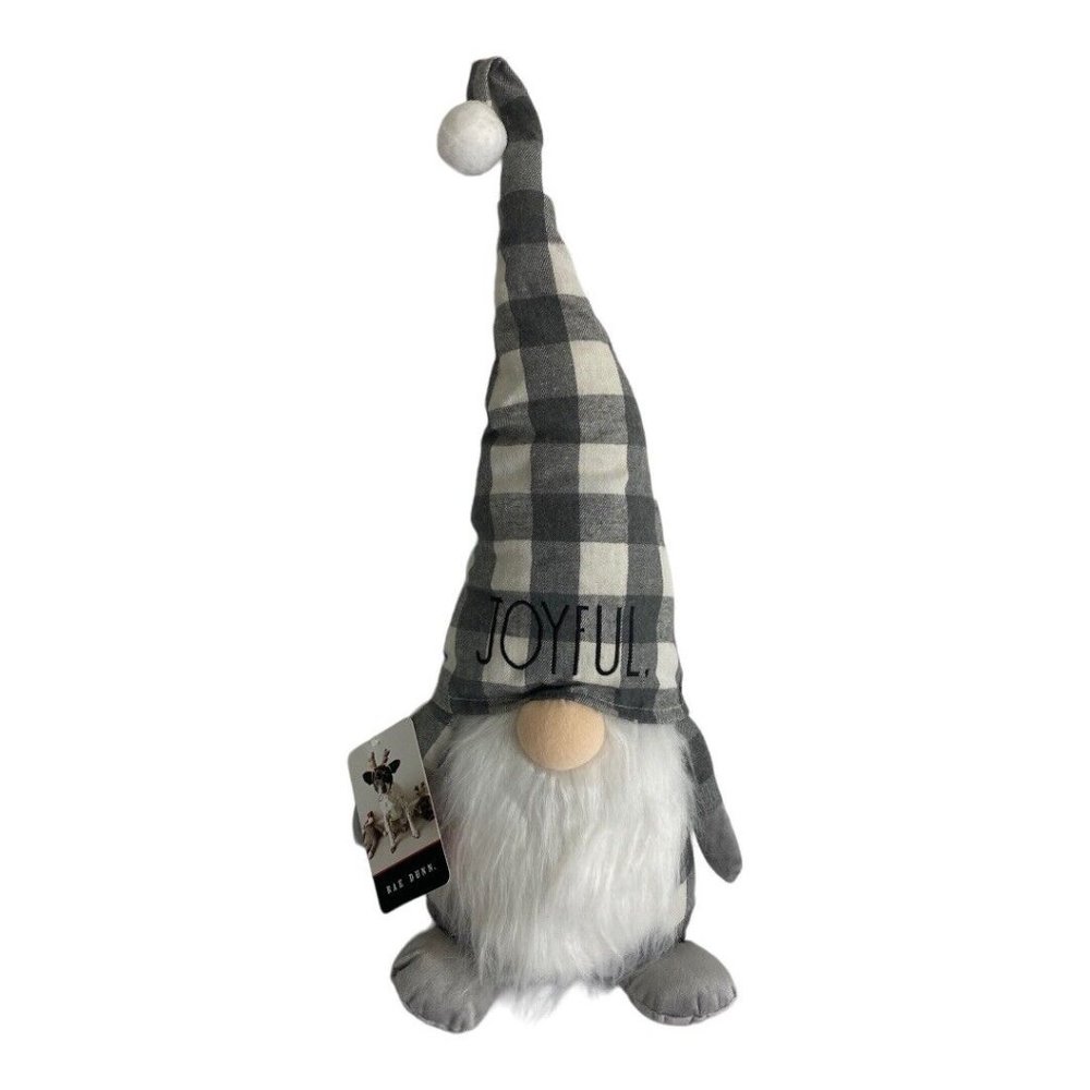 New Rae Dunn JOYFUL Gray and White Plaid Christmas Gnome Weighted 25" NEW